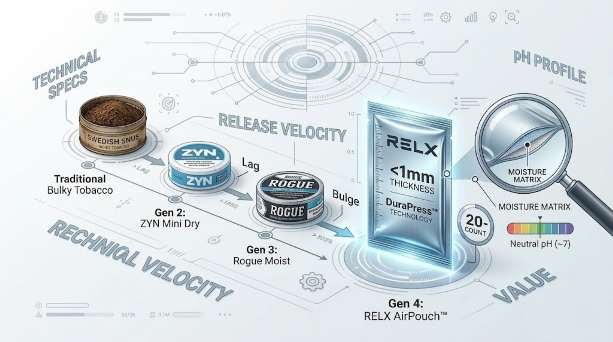 Infographic illustrating the evolution of smooth nicotine pouches brands, comparing traditional snus, Gen 2 ZYN, and Gen 3 Rogue against the Gen 4 RELX AirPouch featuring <1mm thickness, neutral pH, and DuraPress technology.