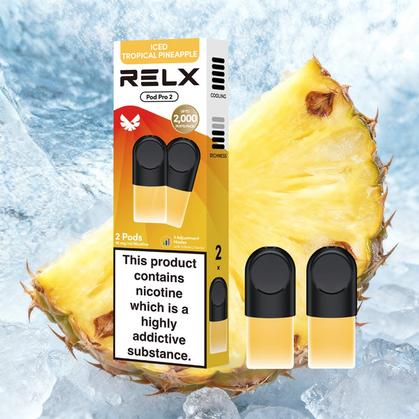 Explore Halloween Deals on RELX Global E-cigrette Vape RELX Pod Pro Iced Tropical Pineapple Iced Tropical Pineapple 18mg/ml Nicotine  1.9ml E-liquid

