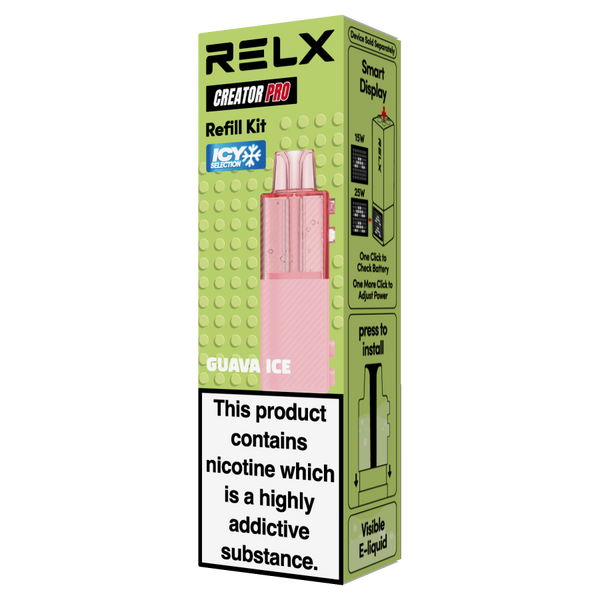 RELX Creator Pod replacement cartridge in Guava Ice (18mg/ml nicotine). Single pre-filled pod featuring the 2+8ml high-capacity design for an icy, crisp, and long-lasting cooling sensation.
