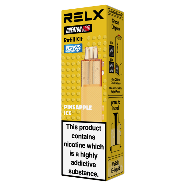 RELX Creator Pod replacement cartridge in Pineapple Ice (18mg/ml nicotine). Single pre-filled pod featuring the 2+8ml high-capacity design for an icy, crisp, and long-lasting cooling sensation.
