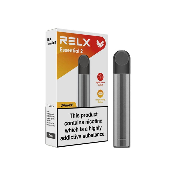 Grey RELX Essential 2 rechargeable vape device next to its official packaging box

