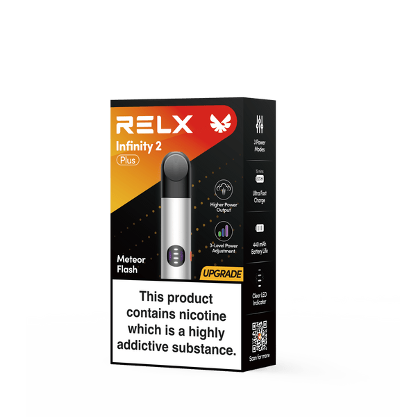 Official packaging of RELX Infinity 2 Plus Meteor Flash with 3-level power adjustment and ultra-fast charging
