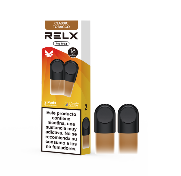 RELX Pod Pro Classic Tobacco refill vape pods packshot, prefilled pod cartridges with smooth flavor profile.
