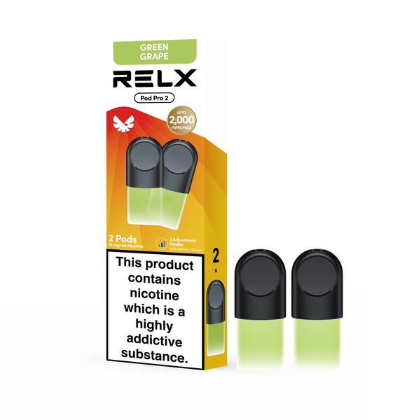 RELX Pod Pro Green Grape refill vape pods packshot, prefilled pod cartridges with smooth flavor profile.

