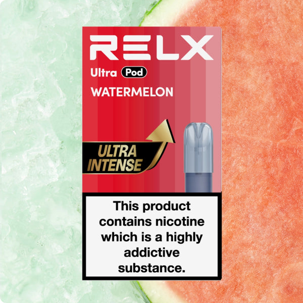 Front view of RELX Ultra Pod packaging in Watermelon flavor, displayed against a refreshing background of crushed ice and fresh watermelon.
